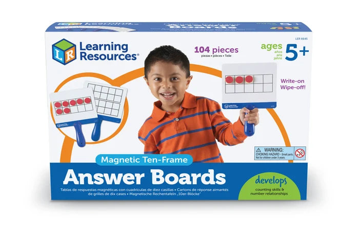 Packaging shows a boy holding a white ten-frame board with red circle magnets. Blue and orange design, 104 pieces.