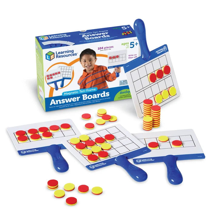 Four magnetic ten-frame boards with blue handles and red and yellow counters shown with product packaging.
