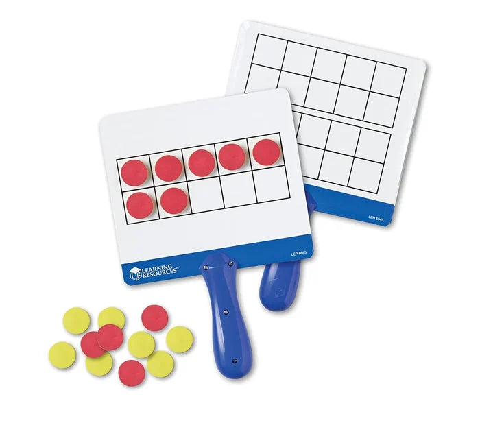 Two white paddle boards with ten-frame grids, blue handles, and red and yellow magnetic circular counters.