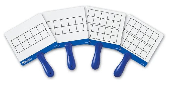 Set of 4 white handheld dry-erase boards with blue handles, each featuring a black-lined ten-frame grid.