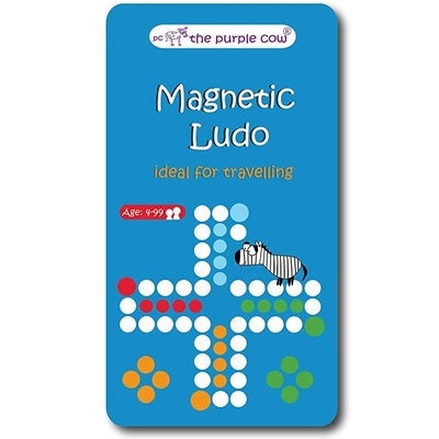 Blue travel tin for Magnetic Ludo featuring a cross-shaped game board made of colorful dots and a cartoon zebra.