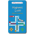 Blue travel tin for Magnetic Ludo featuring a cross-shaped game board made of colorful dots and a cartoon zebra.