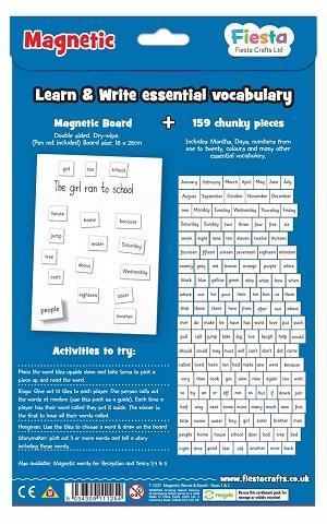 Blue packaging back showing a white magnetic board example and a grid of 159 small white rectangular word magnets.