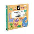 Yellow book-shaped toy box with colorful cartoon dinosaur illustrations, including a large blue T-Rex.