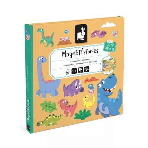 Yellow book-shaped toy box with colorful cartoon dinosaur illustrations, including a large blue T-Rex.