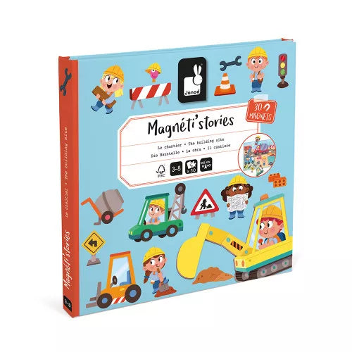 Blue book-style box featuring colorful cartoon construction workers and machinery on a light blue background.