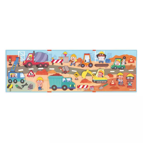 Colorful trifold board featuring a cartoon construction site with a dump truck, crane, digger, and workers.