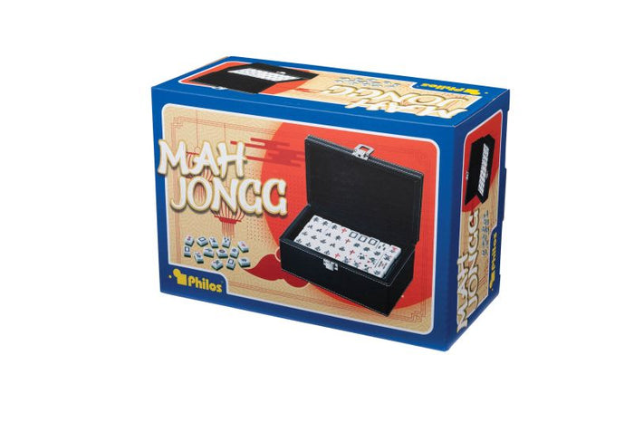 Blue and tan Philos Mah Jongg box showing an open black case and tiles with traditional Chinese characters.