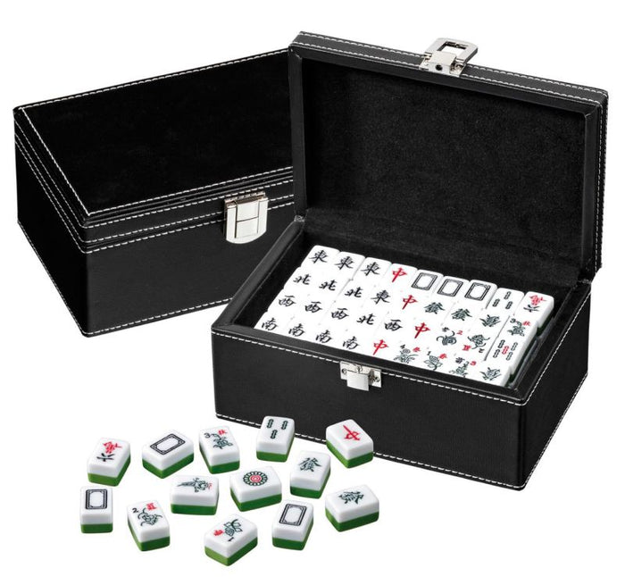 Black faux leather cases with white stitching hold white and green tiles featuring only traditional Chinese symbols.