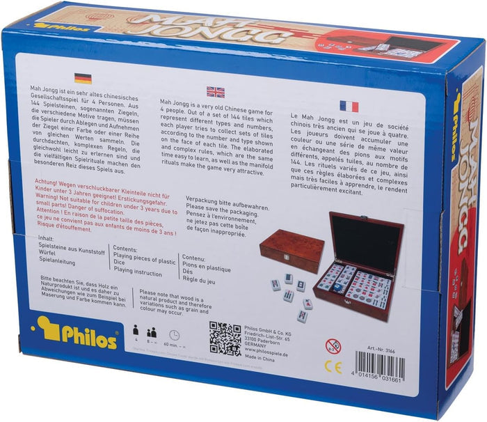 Back of blue Philos Mah Jongg box with multi-language text, product photos of wood case, and white tiles.