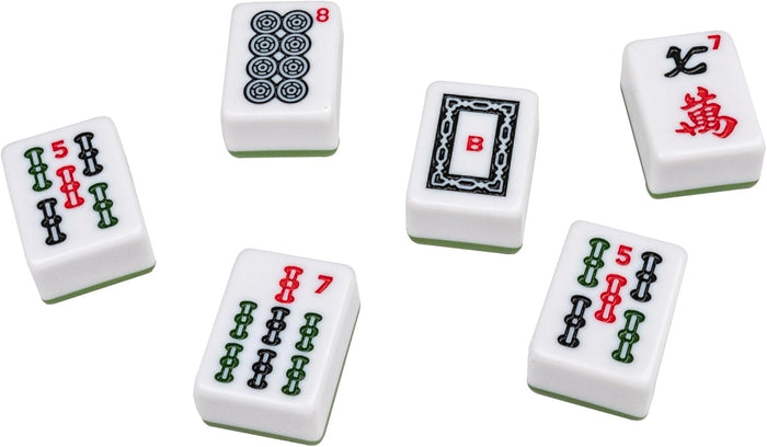 Six white Mah Jongg tiles with green backs and red Arabic numerals, featuring bamboo, dots, and character designs.
