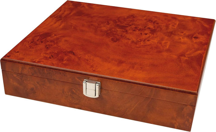 Polished reddish-brown burl wood rectangular box with a silver metal latch on the front.