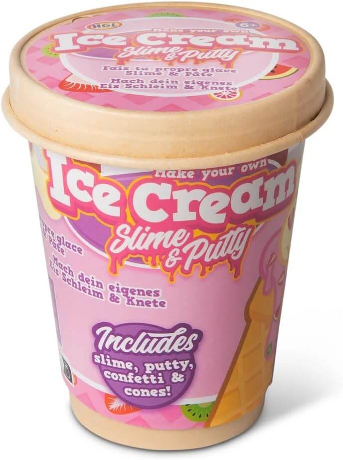 Pink pint-style tub for an ice cream slime kit featuring colorful fruit graphics and a list of included craft items.