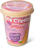 Pink pint-style tub for an ice cream slime kit featuring colorful fruit graphics and a list of included craft items.