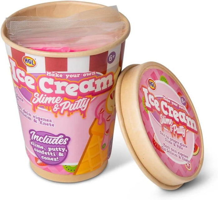Red and white striped tub and lid for an ice cream slime kit with fruit graphics and a clear bag of pink slime.