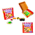 Red sushi slime kit boxes with ingredient packets and colorful slime sushi models like rolls and nigiri.