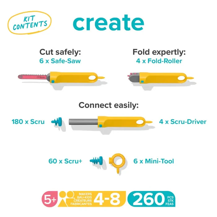 Infographic showing 260 pieces: yellow handled saws, rollers, screwdrivers, blue screws, and mini-tools for ages 5 and up.