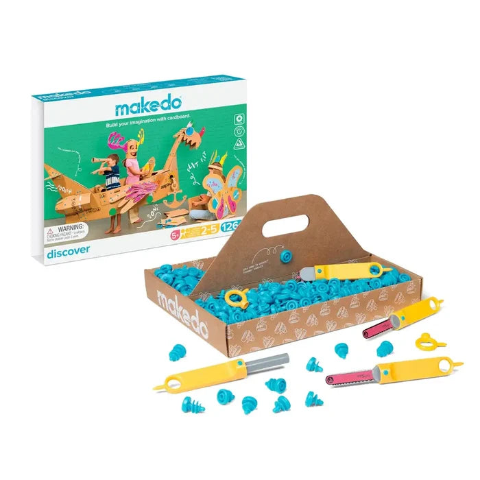 Makedo kit box and open tool tray with blue plastic screws and yellow cardboard tools on a white background.