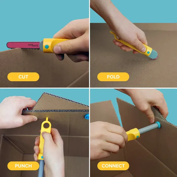 Four panels show yellow tools being used to cut, fold, punch, and connect cardboard pieces using blue plastic screws.