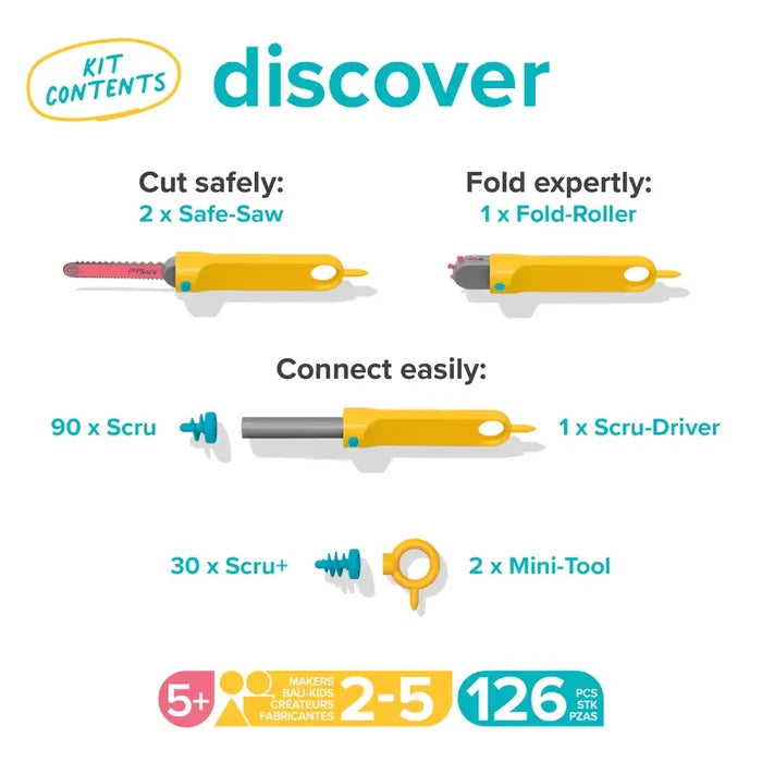Diagram of 126 kit pieces: yellow cardboard saws, screwdrivers, fold-rollers, mini-tools, and blue plastic screws.