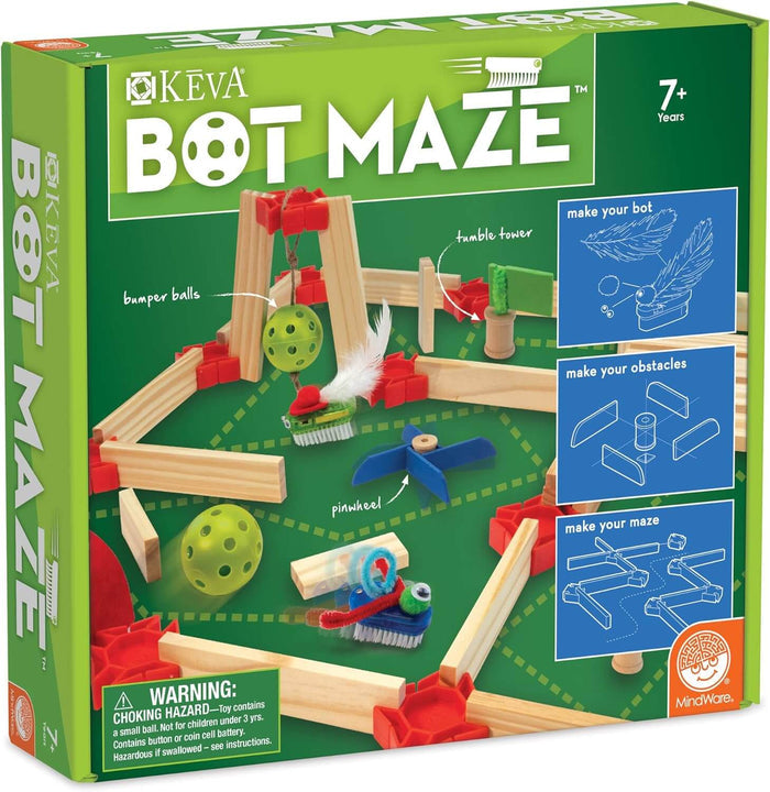 Green box for Keva Bot Maze featuring brush bots navigating a maze of light wood planks and colorful plastic obstacles.
