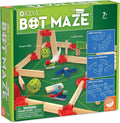 Green box for Keva Bot Maze featuring brush bots navigating a maze of light wood planks and colorful plastic obstacles.