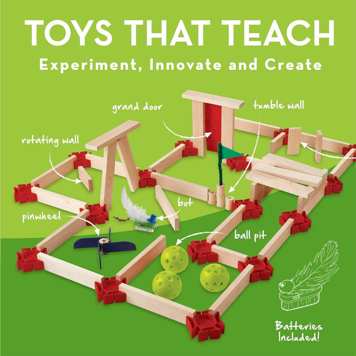 Labeled wooden maze kit with red connectors, yellow balls, and a feathered motorized bot on a green background.