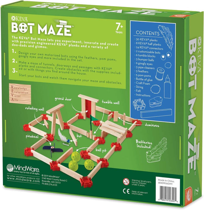 Green box for KEVA Bot Maze showing a wooden plank course with red connectors, yellow balls, and product details.