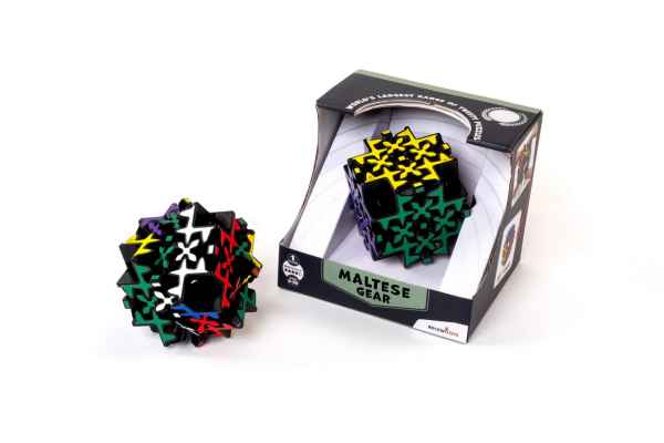 Black gear puzzle with colorful cross patterns, shown outside and inside its open display box.