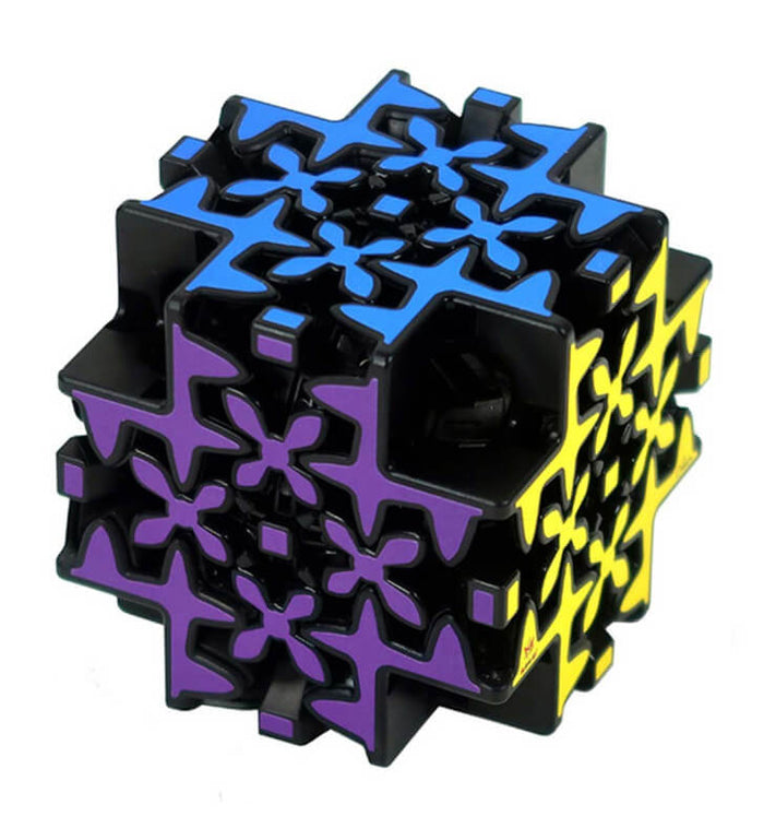 Black cubic gear puzzle with interlocking blue, purple, and yellow Maltese cross-shaped pieces.