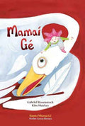 A child with pink hair rides a large white goose on a red background with floating feathers on this book cover.