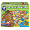 Orchard Toys Mammoth Maths box with a cartoon woolly mammoth, caveman, and stone math rings on a green background.