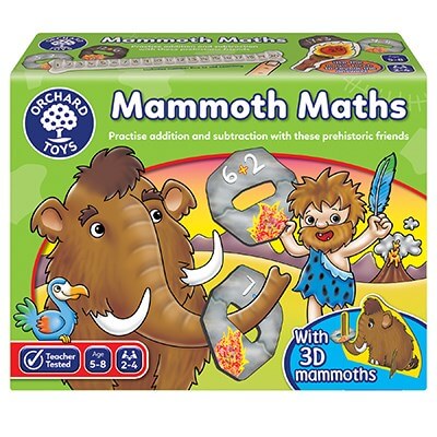 Orchard Toys Mammoth Maths box with a cartoon woolly mammoth, caveman, and stone math rings on a green background.