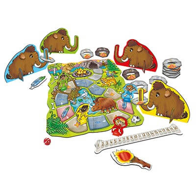 Prehistoric board game with colorful mammoths, illustrated game board, number line, and stone-themed math equation rings.