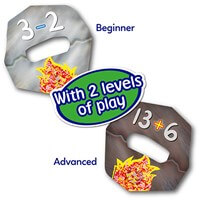 Two grey rock-shaped math tiles with Beginner and Advanced equations, featuring small flame icons and cut-out handles.