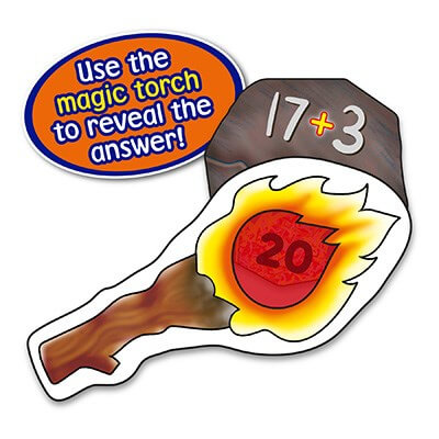 Stone club card showing 17 plus 3 with a torch tool revealing the answer 20 inside a glowing flame.