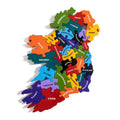 Colorful jigsaw puzzle of Ireland with interlocking pieces shaped like counties and labeled with white text.