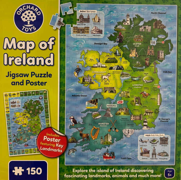 Colorful 150-piece jigsaw puzzle box showing an illustrated map of Ireland with regional landmarks and animals.