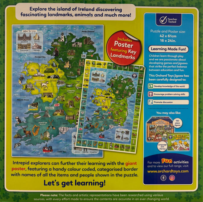 Back of a green box showing a colorful map of Ireland puzzle with landmarks, an included poster, and learning benefits.