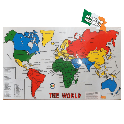 Colorful wooden world map jigsaw with labeled continents and countries, featuring a Made in Ireland flag graphic.