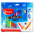 12 colorful twistable crayons in a blue plastic pouch with a clear window and a vibrant rocket illustration.
