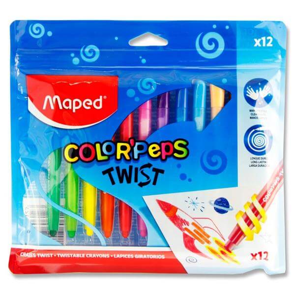 12 colorful twistable crayons in a blue plastic pouch with a clear window and a vibrant rocket illustration.