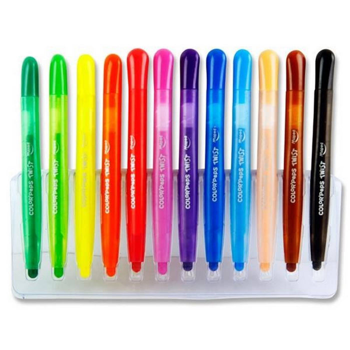 Twelve colorful twistable crayons with translucent barrels and rounded caps, organized in a clear plastic tray.