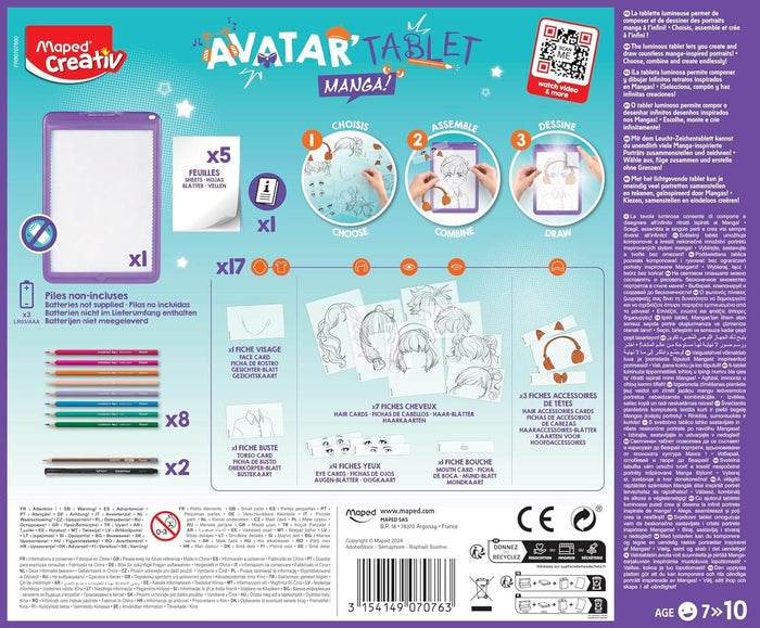 Teal toy box showing three steps to use a light-up tablet and manga character templates for tracing and drawing.