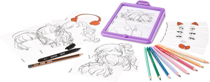 Purple light-up tracing board with manga hair and face templates, colored pencils, and black drawing pens.