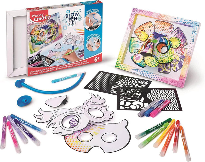 Art kit with blow pens and stencils for creating a colorful 3D lion head trophy inside a white paper frame.