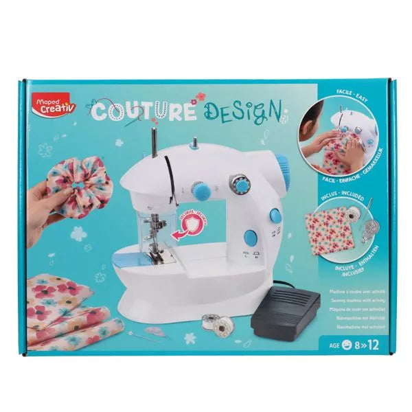 Teal Maped Creativ box featuring a white and blue toy sewing machine, floral fabric, and a black foot pedal.