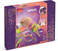 Purple box showing a hand wearing neon beaded bracelets, a bead storage tray, and colorful thread bundles.