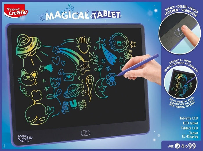 Purple LCD tablet with colorful neon doodles, a stylus, and a delete button shown on starry blue retail packaging.