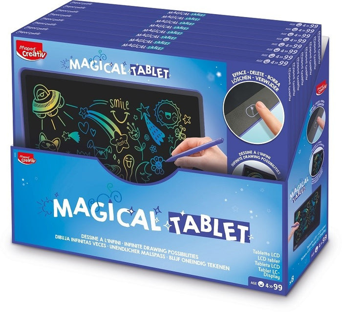 Blue Maped Creativ box for an LCD drawing tablet showing neon doodles on a black screen and a hand using a stylus.